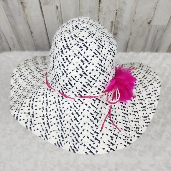 Wide Brim Floral Floppy Paper Sun Hat White & Black - Picture 1 of 8